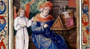 Bodleian library ms canon liturg 55 fol 16v detail Manuscript image monk in blue reading paper with angel behind