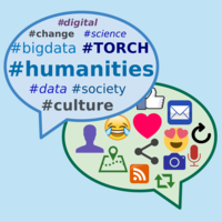Socialhumanitieslogopng Two speech bubbles. One contains symbols such as emojis, the Facebook like icon and refresh button. The other contains hashtags such as: #humanities, #culture and #TORCH